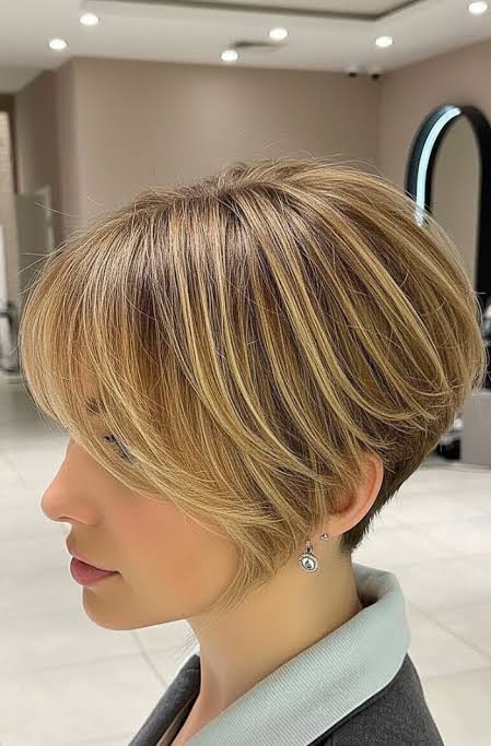 Golden Beige Graduated Pixie Cut for Thick Hair with Soft Face Framing