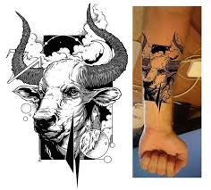 The bull is a popular tattoo design, both as a symbol of the taurus sign of the zodiac and as a powerful image in its own right. Arm Tattoo Illustration Of A Bull Created By Trickster The Design Is Hand Sketched And Black And White Taurus Taurus Bull Tattoos Bull Tattoos Ox Tattoo
