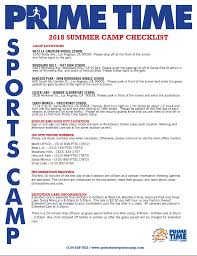 It was fun, exciting and challenging but the relationships you build with the staff and children last a life time. 2018 Summerchecklistpg1 Prime Time Sports Camp