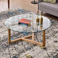 Wooden part of this table consist from ash wood or alder blocks. Amazon Com Round Coffee Table 35 Modern Glass Coffee Table Easy Assembly Tempered Glass Table For Living Room With Matural Wood Base Kitchen Dining