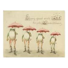 Christmas Card Frogs With Umbrellas Zazzle Com In 2020 Frog Illustration Victorian Christmas Cards Animal Illustration