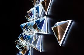 brooch flat glass triangles with facets the composition of colours includes metallic gold silver and azure violet light up glass art gold metal colours