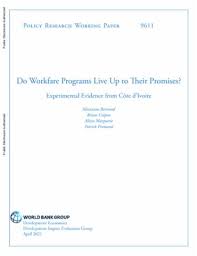 Workfare programs, which offer temporary jobs to economically disadvantaged people, are prevalent across the world, and may appear superior . Do Workfare Programs Live Up To Their Promises Experimental Evidence From Cote D Ivoire