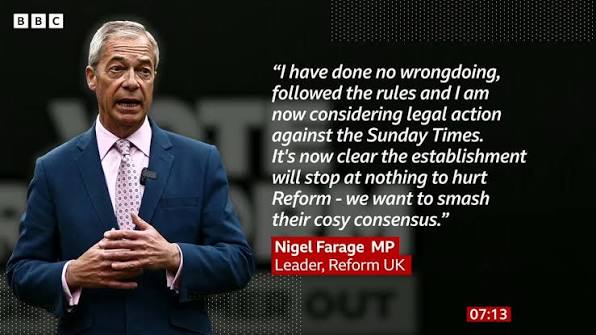 Nigel Farage could face an investigation into claims he failed to declare  benefits provided by an ally once convicted of fraud in the US., Chief  Political correspondent Henry Zeffman t | BBC Breakfast