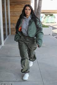 Kim Kardashian Keeps Comfortable On La Bonding Outing With Grandmother Olive Green Bomber Jacket Kim Kardashian Outfits Kardashian Outfit