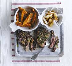 Chimichurri Steaks With Sweet Potato Fries Onion Rings Bbc Good Food Recipes Grilling Recipes Sides Chimichurri Steak