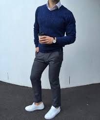 Blue Sweater Gray Pants And White Lacoste Sneaker By The Cardinal Man Www Royalfashionist Com Sweater Outfits Men Mens Outfits Mens Casual Outfits
