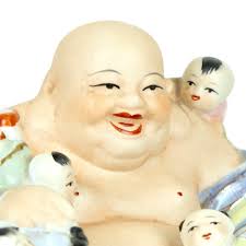 Vintage Budai Ceramic Figurine: Laughing Buddha With Children, Pastel  Polychrome