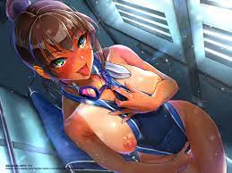 :p bangs bare arms bare shoulders between breasts blue swimsuit  blush breasts brown hair collarbone commentary request competition swimsuit  covered navel dutch angle eyebrows visible through hair female from