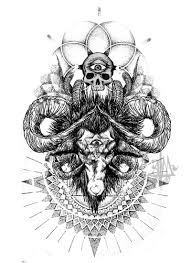 Black ink goat skull tattoo on right thigh. 32 Inspiring Goat Tattoo Designs