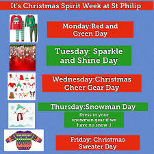 Get into the holiday spirit week the holidays are right around the corner, which means break is even closer. St Philip School On Twitter We Have A Few More Days In Our Christmas Spirit Week We Ve Seen So Much Great School Spirit This Week Our Falcons Sure Are Fun Https T Co Qt6l2pqp1p
