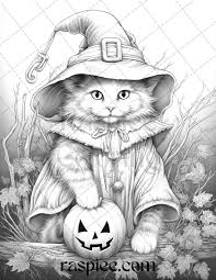 40 Halloween Witch Cat Grayscale Coloring Pages Printable for Adults, PDF  File Instant Download