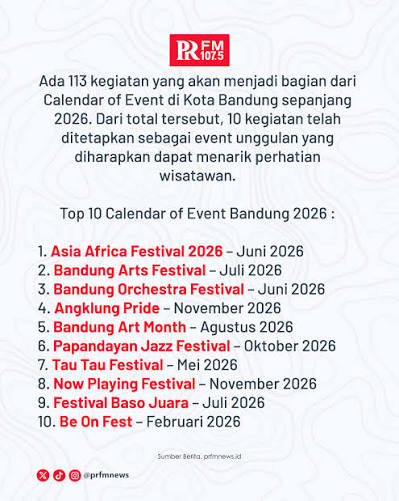 Pemerintah Kota Bandung resmi meluncurkan Bandung Calendar of Event 2026 dalam sebuah gelaran bertempat di Bandung Creative Hub, Jumat 21 November 2025. Agenda ini menjadi langkah strategis Pemkot Bandung untuk memperkuat industri