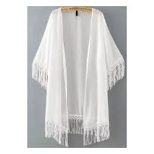 Black And White Kimono Jacket Shein Sheinside White Half Sleeve Tassel Chiffon Kimono 16 Liked On Polyvore Featuring Cardigans Kimono Chiffon Kimono Kimono Outfit Fashion Tops Blouse