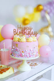 Cute Birthday Themes For Women Pink Yellow Glam Birthday Cake From A Chic Pastel Dino Birthday Party On Kara S Party Ide Cute Birthday Cakes Happy Birthday Cakes Happy Birthday Cake Images