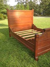 The larrabee sleigh style bed frame with scrolled headboard and footboard provides slatted support for a mattress. Antique Vintage Carved High Back Wood Bed With Headboard Footboard Rails Slats Headboards For Beds Wood Beds Headboard And Footboard