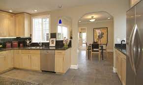 Flooring for kitchen ideas ceramic light oak floor tile wood. Maple Cabinets Dark Counter And Grey Floor Someone Posted This Because They Didn T Like It But I M Digging It Kitchen Design Kitchen Tin Backsplash Kitchen