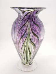Bold Hues Of Lavender And Hyacinth Purple With Green And Black Feather Pattern Jessica Flanagan Art Glass Vase Glass Art Blown Glass Art