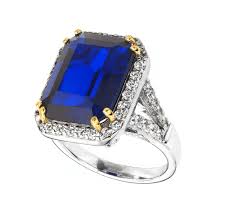 Sterling Silver 8 Carat Sapphire Hued Emerald-Cut Ring with 18 KGP Prongs” – Exposures Int