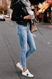 Woman Wearing Black Leather Jacket Grey Scarf Denim Skinny Jeans Golden Goose Sneakers Fashion Jacks Leather Jacket Outfits Black Leather Jacket Outfit Fashion