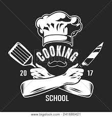 Vintage Cooking Classes Logo With Chef Hat Mustache Crossed Arms Holding Knife And Spatula On Dark B Vintage Cooking Chef Logo Class Logo