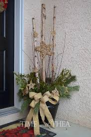 Starry Christmas Arrangement With Birch Logs Time With Thea Christmas Urns Christmas Floral Arrangements Christmas Greenery Arrangements