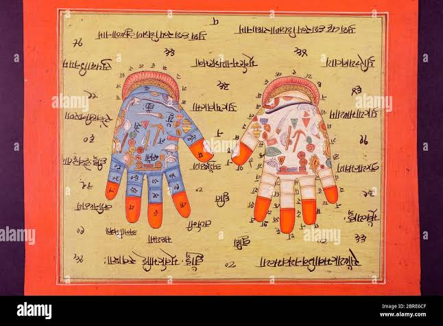Rajasthani miniature painting from Rajasthan, India. Probably late 19th century or early 20th century. Hands covered with symbols Stock Photo - Alamy