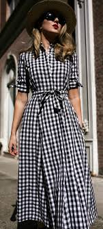 Click For Outfit Details Short Sleeve Black And White Gingham Midi Dress Black Suede Wedge Sandals Wide Brim Fashion Elegant Outfit Classy Elegant Outfit