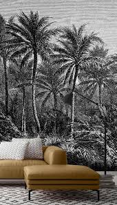 Update Your Decor With This Stylish Jungle Wallpaper Mural In Black And White Wallsauce White Wallpaper Wallpaper Living Room Black And White Wallpaper