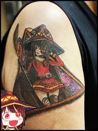 Megumin tattoo finally done after two sessions! : r/Konosuba