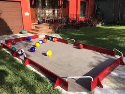 Pictured Is A Red Sided Soccerpool Table With Brown Felt I Also Have Blue Sided Soccerpool Tables That Goes Reall Backyard Games Diy Yard Games Diy Pool Table