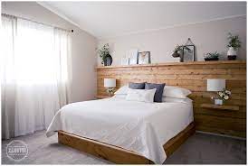 Flip through our favorite diy headboard ideas, check out the tutorials. Diy Natural Wood Shiplap Tongue And Groove Headboard Wall With Shelf And Floating Nightstands On Platfor Diy Bed Headboard Wood Walls Bedroom Bedroom Headboard