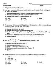 Work the following on notebook paper. Ap Worksheet 3 Pdf Calculus Ap Worksheet 3 O Name Mitchell Show Your Work And Circle Your Final Answers 1 Let Y G X Be A Function That Measures The Course Hero
