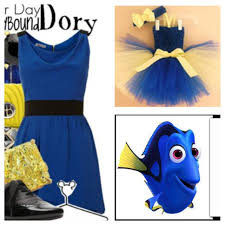 Black And Yellow Fish From Nemo A Dark Blue Dress For A Dory Costume Dory Costume Disney Themed Outfits Dark Blue Dress