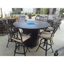 Choose between bar tables in two distinct collections: San Marcos 7 Piece Bar Height Patio Set With Fire Pit 71 Inch Round Table For 6 Person