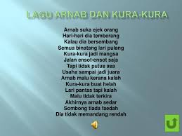 Dipertengahan jalan,arnab berhenti dan berehat di bawah pokok lalu tertidur. Lirik Lagu Arnab Dan Kura Kura