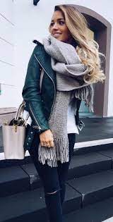 Green Leather Jacket Grey Scarf Ripped Jeans Pretty Winter Outfits Casual Scarf Outfit Scarf Casual
