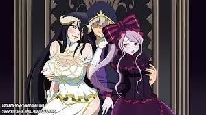 1boy 2girls ainz ooal gown albedo (overlord) big breasts black  hair blush clothed clothing heart-shaped pupils humanized long hair  overlord (maruyama) pale skin red eyes shalltear bloodfallen small breasts