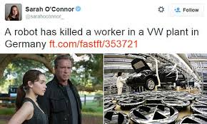 This answers first letter of which starts with s and can be found at the end of h. Journalist Sarah O Connor Swamped With Terminator Tweets After Vw Plant Killer Robot Report Daily Mail Online