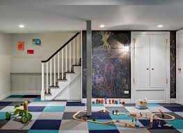Lots of practical storage ideas for toys & books. Basement Playroom Chalkboard Walls With Blue And Gray Carpet Tiles Transitional Basement
