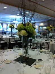 Tall Cylinder Of Green And White Hydrangea Birch Branches And Curly Willow At Killington Gran Floral Centerpieces Birch Branches