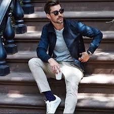Men S Navy Bomber Jacket Grey Crew Neck T Shirt Beige Chinos White Plimsolls Mens Fashion Streetwear Navy Bomber Jacket Mens Fashion Suits