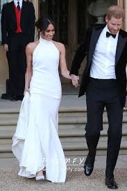 The wedding dress worn by meghan markle at her wedding to prince harry on 19 may 2018 was designed by the british fashion designer clare waight keller, artistic director of the fashion house givenchy. Meghan Markle White Halter Celebrity Bridal Dress Promfy