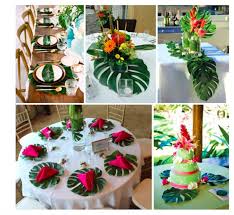 48 Tropical Leaves Table Decorations Jungle Theme Party Decor Etsy In 2021 Hawaiian Party Decorations Luau Party Decorations Party Table Decorations