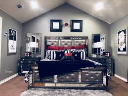 Black And White Furniture Bedroom Our Master Bedroom Red Black White Damask Gray Mirrored Bed Mirror Furniture Upholstered Tufted Inspireddesignbym Bedroom Red Gray Mirror Mirrored Furniture