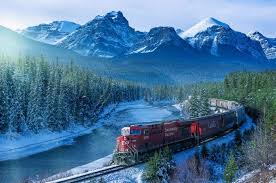 Train River Canada Snowy Peak Snow Rocky Mountains Railway Mountains Forest Landsc Train Wallpaper Canadian Pacific Railway Canada Landscape