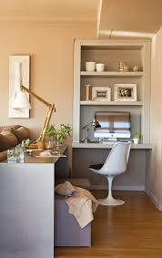 Home Office Computer Desk Tucked Into The Living Area Behind The Sofa Great Use Of Space Desk In Living Room Living Room Office Living Room Office Combo