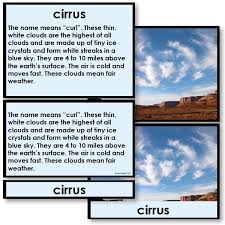 Cumulus clouds are the ones i tend to think of when i look up in the sky and i see different shapes and designs and whatnot. Types Of Cloud Large Cards With Photos And Definitions Montessori123 Montessori 123