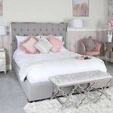 Chrome king size bed frame. Grey Linen King Size Bed With A Chrome Frame And Linen Upholstery Picture Perfect Home