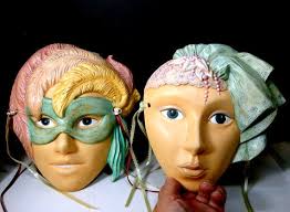 Retro Wall Face Pair, Pastels, Bisque Porcelain Painted Casts With Ribbons  U.S.A. Collectible 1970s Man & Woman